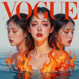 3 d, crying fashion model, flame, liquid water, morning, vogue cover style, poster art, high detail, intricate oil painting, multiple exposure, blue mood, hyperrealism, 3 d, by tooth wu and wlop and beeple and greg rutkowski