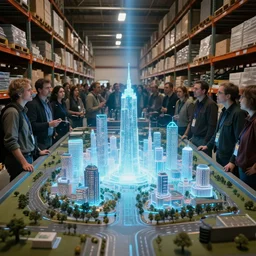 large group people in a huge warehouse, looking at hologram of futuristic city on a table | cinematic concept art | godrays | 4 k | clear details | tabletop model | tabletop | hologram foreground