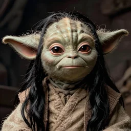 still of handsome young yoda in empire strikes back. long black hair. smooth skin. face looks like young albert einstein and stuart freeborn