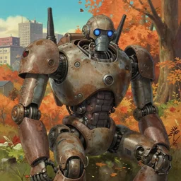 big rusty dieselpunk robot sit in an autumn forest city, close up at the robot, trending on pixiv fanbox, painted by greg rutkowski makoto shinkai takashi takeuchi studio ghibli, aki