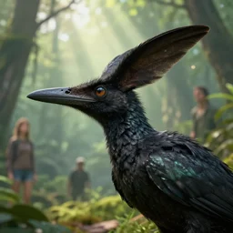 microraptor gui, closeup, with black iridescent feathers, prehistoric forest, natural lighting, god rays, clearing, octane render, lois van baarle, emily willoughby, gabriel ugueto, 1 6 k