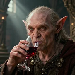 highly detailed closeup portrait of a medieval goblin drinking wine, stephen bliss, unreal engine, greg rutkowski, ilya kuvshinov, ross draws, hyung tae and frank frazetta, tom bagshaw, tom whalen, nicoletta ceccoli, mark ryden, earl norem, global illumination, god rays, detailed and intricate environment