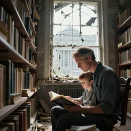 father and his son reading books at damaged library of congress in washington dc, light through broken windows, hyperdetailed, artstation, cgsociety, 8 k