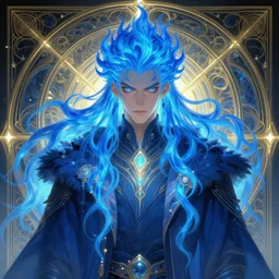 symmetry!! portrait of man wearing winter clothes with long flaming blue hair, sci - fi, glowing lights!! intricate, elegant, highly detailed, digital painting, artstation, concept art, smooth, sharp focus, illustration, art by artgerm and greg rutkowski and alphonse mucha, 8 k