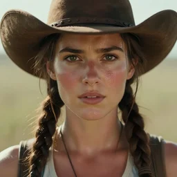 a film still of lara croft as cowgirl, her face flushing and sweat, direct sun light, close up potrait, cinematic,