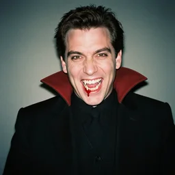 Ron Desantis as a blood sucking vampire showing his fangs in a menacing grimace, 35mm film