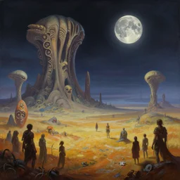 a beautiful matte painting of a sunning alien landscape, d & d, fantasy, greg rutkowski, frank frazetta, alexandre chaudret, boris vallejo, michael whelan, miro petrov, hr giger, magali villeneuve, donato giancola, trending on artstation, moon, planet