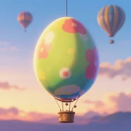 a colorful easter egg as hot air balloon, sunset, serene evening atmosphere, soft lens, soft light, cel - shading, animation, in the style of cgsociety, deviantart, artstation, zbrush, cinema 4 d, studio ghibli, akihiko yoshida, atelier lulua, masamune shirow