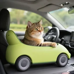 a cat driving an avocado car