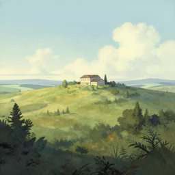 A serene landscape with a singular building in the style of James Gurney.