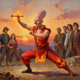 [ squidward ] wearing fire nation clothing and practicing firebending outside at susnset, oil painting, highly [ detailed ], intricate, hd, photorealistic, by [ moebius ] and greg rutkowski and thomas kinkade, leesha hannigan, ross tran, thierry doizon, kai carpenter, ignacio fernandez rios, trending on artstation, trending on cgsociety, realistic shading and lighting, big nose