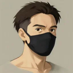 white man with black fabric mask, short dark hair, true anatomy!, digital painting, style of hayao miyazaki