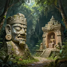 view of the cenote showing the worn visage of panur the implacable and the associated shrine. fantasy art, highly detailed, 8 k resolution.
