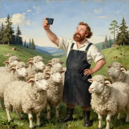 A butcher and sheep taking a selfie smiling, in the fashion of Hieronymus Bosch, oil on canvas, painting, 4k, wide shot