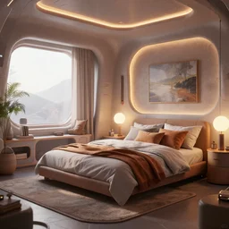 a hyperrealist photography of a futuristic cozy bedroom by greg rutkowski and laurie greasley, octane render, artstation, masterpiece