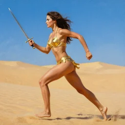 detailed movie poster, princess of mars running, seen from the side, dunes, high noon, blue sky, intricate gold bikini armor, sword, portrait, oil painting, by sargent,