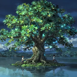 twisted root magical tree in the middle of a lake, anime inspired, hyper realistic, dramatic lighting, glowing leaves, 8k hdr pixiv dslr photo by Makoto Shinkai ilya kuvshinov and Wojtek Fus, digital art, concept art,
