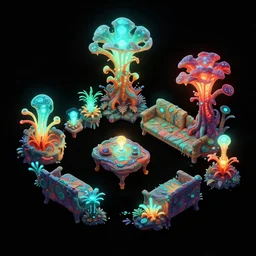 concept art 2 d game asset of furniture with an organic isometric design based on bioluminescent alien - like plants inspired by the avatar's bioluminescent alien nature. around the furniture, we can see plants that glow in the dark. all in isometric perspective and semi - realistic style item is in a black background colorful neons cyan, orange red, painterly cartoonish octane render masterpiece