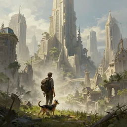 a postapocalyptic city with alone traveler and dog, fantasy, intricate, elegant, highly detailed, lifelike, photorealistic, digital painting, artstation, illustration, concept art, smooth, sharp focus, naturalism, trending on byron's - muse, by greg rutkowski and greg staples