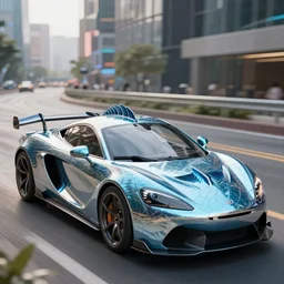 car made of fish, half car half fish, car with fins and gills, luxury sports car, hd render 4 k, realistic, shiny materials, fish eyes, futuristic city road