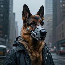new york city portrait of furry anthro anthropomorphic german shepard head animal person fursona wearing clothes strange cybernetic augmentations cyber muzzle robot body gloomy rainy cyberpunk digital art by Greg Rutkowski, Simon Stalenhag, trending on Artstation, CGSociety