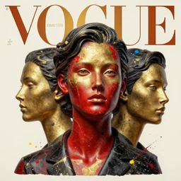 3 d, red and gold and black marble head of fashion model, vogue cover style, black and gold paint splatters, many small blue and yellow and red paint splashes, 3 d poster art, high detail, 3 d intricate oil painting, multiple exposure, stanley kubrick mood, hyperrealism, 3 d, by tooth wu and wlop and beeple and greg rutkowski