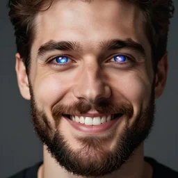 Close up smiling handsome man with glowing galaxy eyeballs and majestic beard, professional studio photography, depth of field, intricate details, photorealistic, high quality