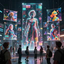 cinematic shot cyberspace of creativity, very large floating holographic translucent videos, hyper realistic, mood lighting, fantasy, detailed happy people creating diverse art, big video statues, highly detailed, super realistic, perfect lighting pixel sorting, style sheet