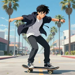 anime picture of handsome skater boy in Los Angeles
