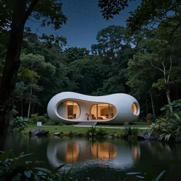 cozy futuristic organic white concrete house in the middle of a lush and dense forest at night, a beautiful lake next to it, night time, night sky, starry night sky, atmospheric