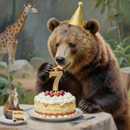 a bear eating cake at his 7 0's birthday at a zoo, highly detailed painting by gaston bussiere, craig mullins, j. c. leyendecker