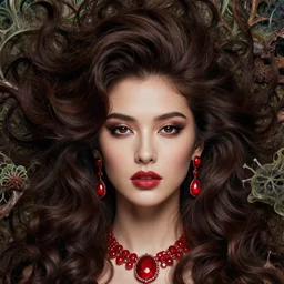 song of the hurricane, detailed beauty close - up portrait, chocolate, opulent swirling hair, crimson jewellery, organic background, art by wlop, peter morebacher, greg rutkowski, craig mullins, ruan jia, thomas kinkade, victor ngai, ernst haeckel, h. r. giger, james jean, takato yamamoto, tomokazu matsuyama