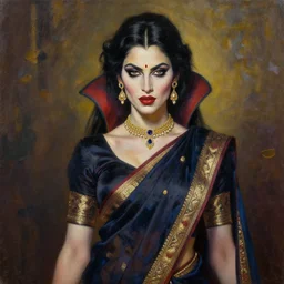 a modern painting of a strikingly beautiful vampire in an elegant sari, in the style of tim bradstreet, sharp focus, realism, intricate detail