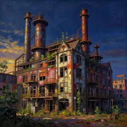a beautiful ultradetailed painting of industrial architecture urbex building nature city hall architecture by pieter bruegel the elder, at night thermal vision retrowave reclaimed by nature dramatic lighting neon noir morning sun, archdaily, wallpaper, highly detailed, trending on artstation.