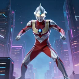 ultraman in the sky, cyberpunk, futurepunk, trending on artstation