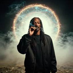 a dramatic photograph of snoop dog smoking a joint while contemplating a magical portal to the beyond, ground haze, dramatic lighting, filmic, cinematographic