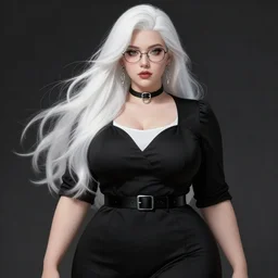 beautiful curvy female, long white hair, glasses, black dress with belt around waist, white undershirt, silver earrings, silver jewellery, black choker, highly detailed, digital painting, smooth, sharp focus, art by artgerm, wlop, chiaroscuro, tom bagshaw, anna dittman, octane render, medium long shot