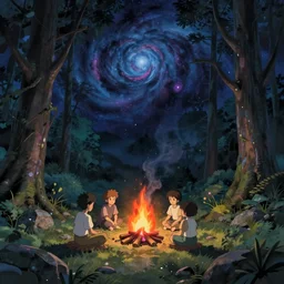 vast universe, small bonfire, forest, five people sitting around the bonfire, night, rocky terrain, cool colors, miyazaki, nausicaa ghibli, breath of the wild, clean, digital painting, concept art, paul lasaine, noah bradley, geoffrey ernault