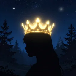 a glowing crown, aesthetic silhouette under a sky full of stars in a forest in england, sunburst, sense of longing, rule of thirds, clever design, decorative modern graphic design collage border, by hannah hoch and jesse treece and christian jackson and josh brill