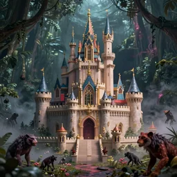 of a beautiful Hyperrealistic tall royal castle in the middle of a dark scary smokey jungle, creepy animals scattered around, macro lens, shallow depth of field, highly detailed, digital painting, trending artstation, concept art, illustration, cinematic lighting, vibrant colors, photorealism, epic, octane render