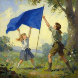 girl stealing the boy blue flag, fantasy world, painted by sylvain sarrailh, rhads, ferdinand knab, trending on artstation
