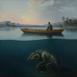 style of hubert robert, split water shot, above and below water, below water creature lurking under the water, lake, above water man on boat above water, evening, stars