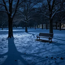Park on an Winter night by Rene Magritte. Long surreal shadows. Blue.