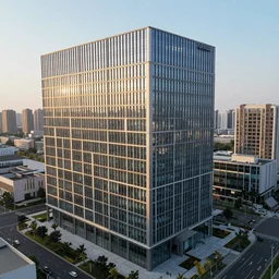 aerial view, a beautiful office building exterior with sleek modern design by Gensler and large windows, golden hour, professional photography - W 768