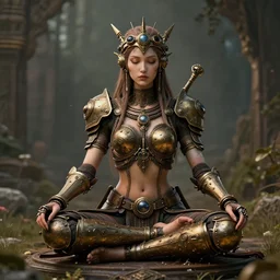 kali goddess steampunk warrior meditating in a beautiful place, perfect face, fine details, studio lighting, subtle shadows, art by katsuya terada, photorealism, hyper realism, octane render, hyper detailed, canon eos r 3, f / 1. 4, iso 2 0 0, 1 / 1 6 0 s, medium shot, 8 k, raw, unedited, in - frame,