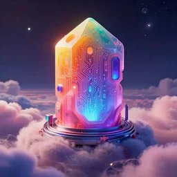 technology geode, alchemy tech concept art by Kilian Eng vibrant colors, minimalistic, award-winning masterpiece, technology, fantastically gaudy, electronic circuits, aesthetic octane render, sitting on the cosmic cloudscape, highly detailed, Vibrant volumetric natural light In style of Josan Gonzalez and Mike Winkelmann and and greg rutkowski