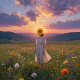 girl with a flower head, surreal photography, dream, standing in flower field, magical, in a valley, sunrise dramatic light, impressionist painting, colorful clouds, artstation, simon stalenhag
