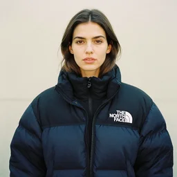 realistic! photoshoot for a new the north face lookbook, color film photography, portrait of a beautiful woman wearing a puffer jacket, photo in style of tyler mitchell, 35mm
