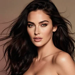 closeup dream photo of a beautiful megan fox with long dark wind blown hair, glamour pose, hyper realistic, concept art, intricate, hyper detailed, smooth, ambient volumetric lighting, high contrast, vibrant, hd, octane, gil elvgren, arney freytag, alberto vargas,