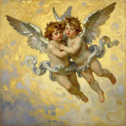 an idyllic scene of winged cherubs flying, in the style of bouguereau, art nouveau, pastel colors, golden our, symbolism, oil on canvas, highly detailed, naturalism, magic